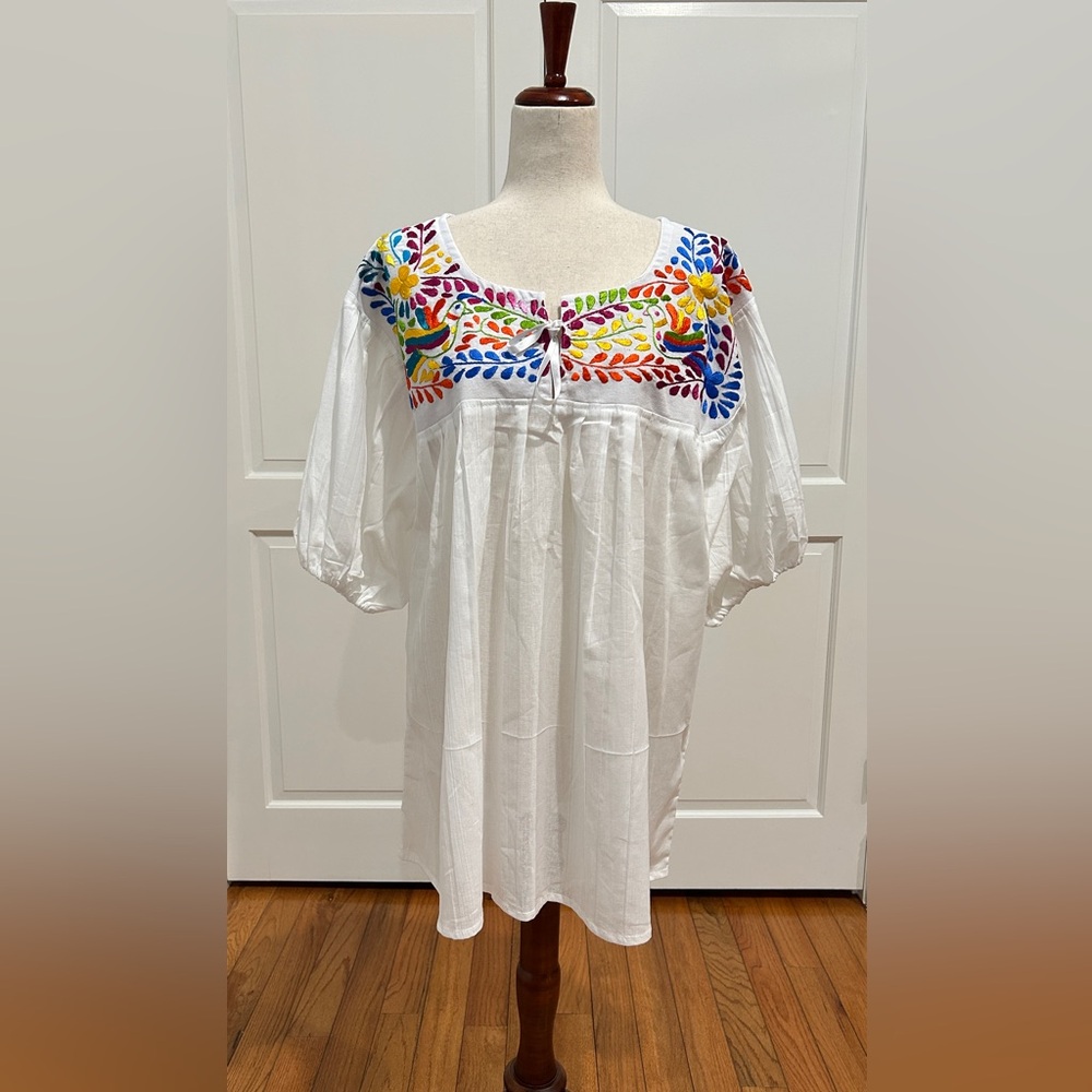 White Embroidered Boho Peasant Blouse with Multicolor Floral Yoke